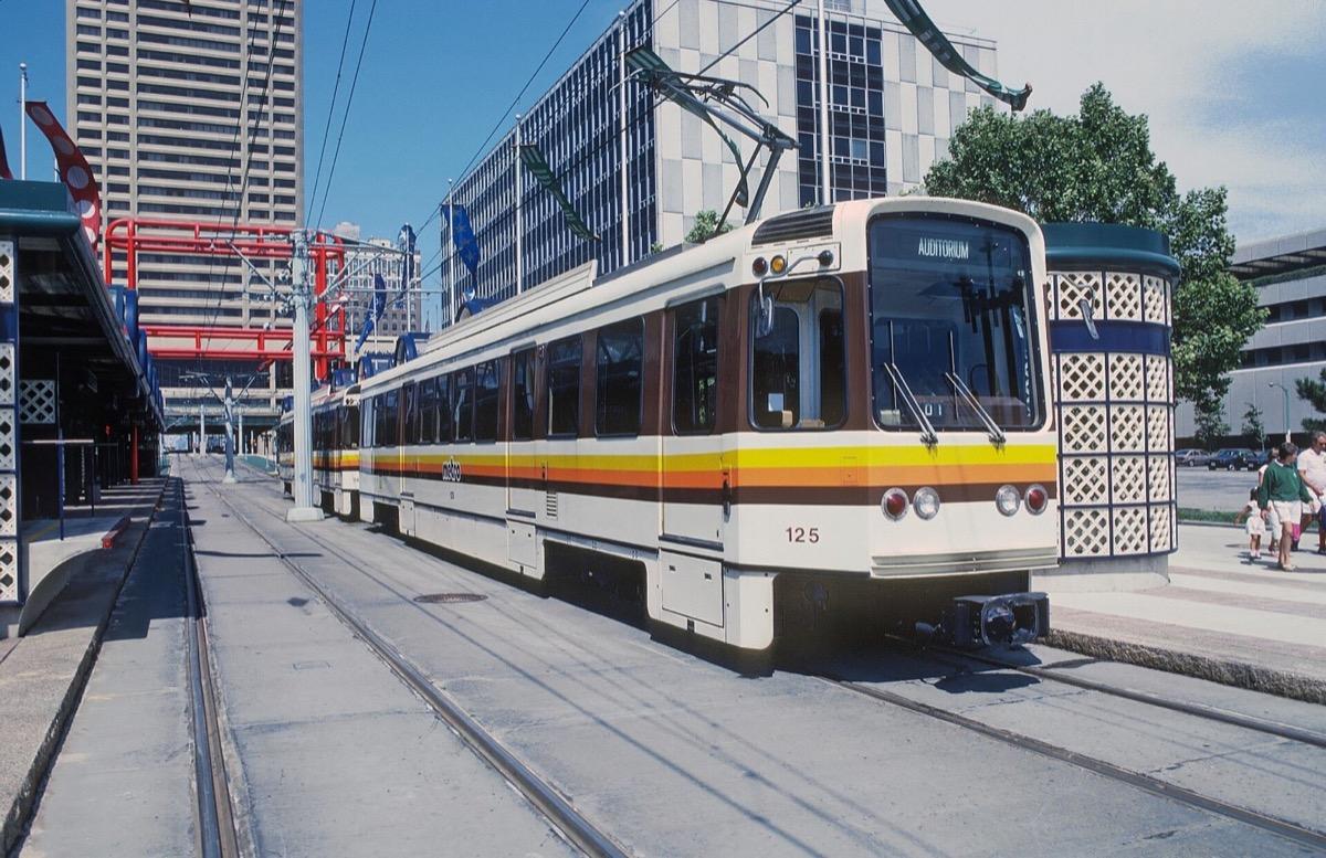 Buffalo Metro Rail train at Erie Canal Harbor station, August 1988