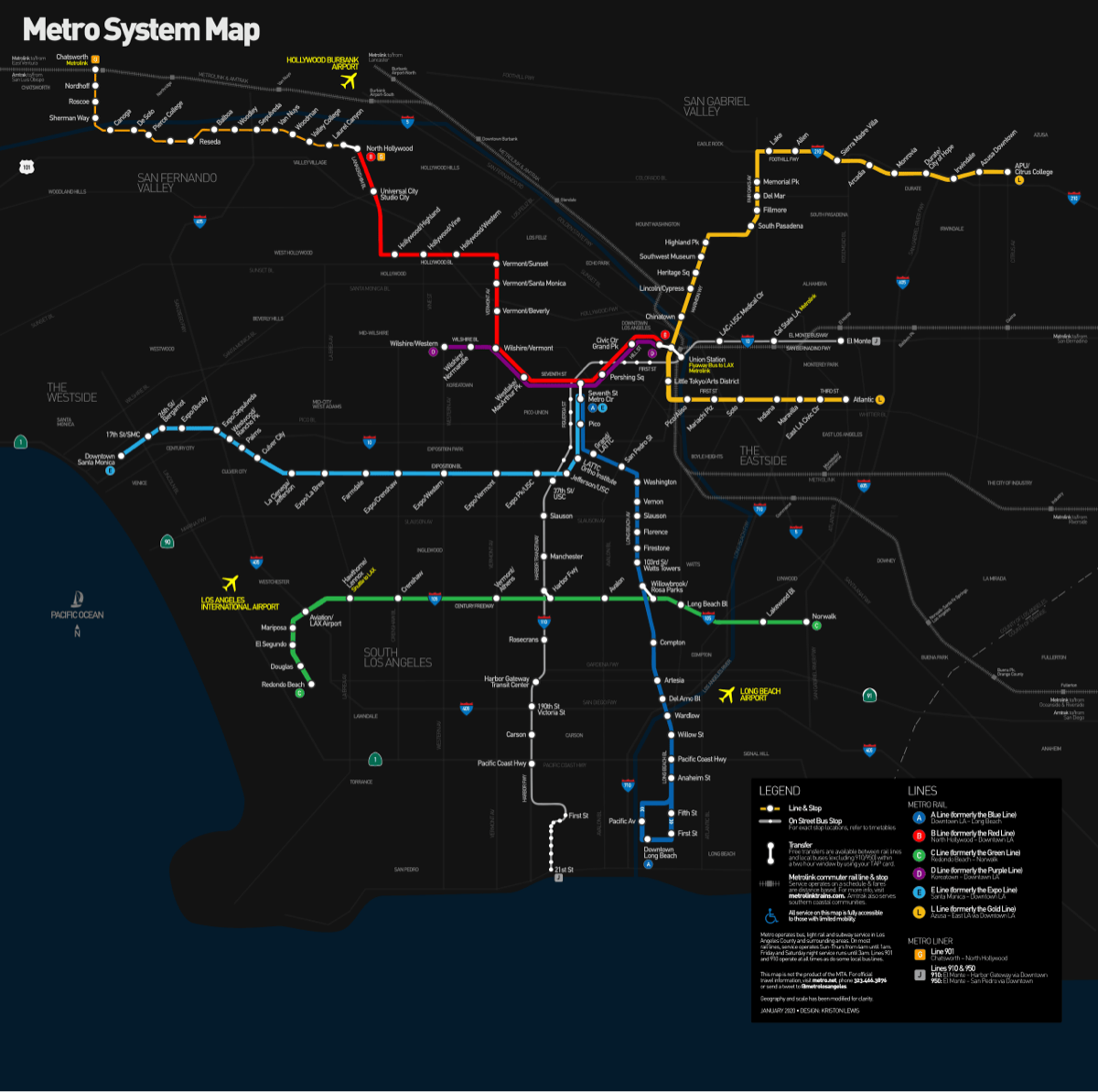 Los Angeles County Metro Rail and Metro Liner map