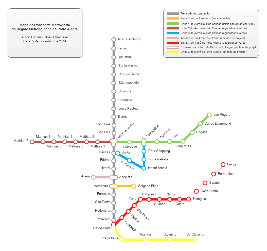 Mapa de projetos metroviários da região metropolitana de Porto Alegre