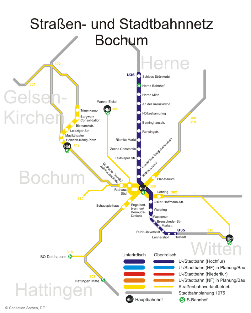 Mappa della metropolitana di Bochum Alta risoluzione
