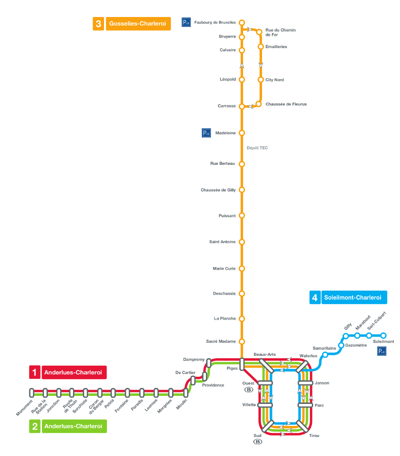 Mappa della metropolitana di Charleroi Alta risoluzione